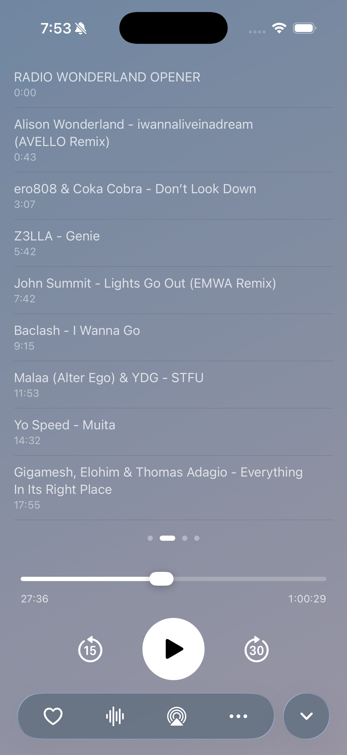 PodMeister player track list with chapter-style entries and matching artwork tint.